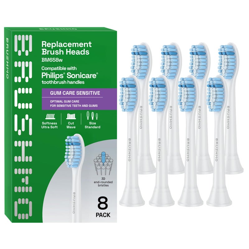 Brushmo Gum Care Sensitive Replacement Toothbrush Heads, Compatible with Philips Sonicare Click-on Toothbrush Handles, 8 Standard Heads, Extra Soft Dupont Bristles for Sensitive Teeth, BM658, White - Image 1